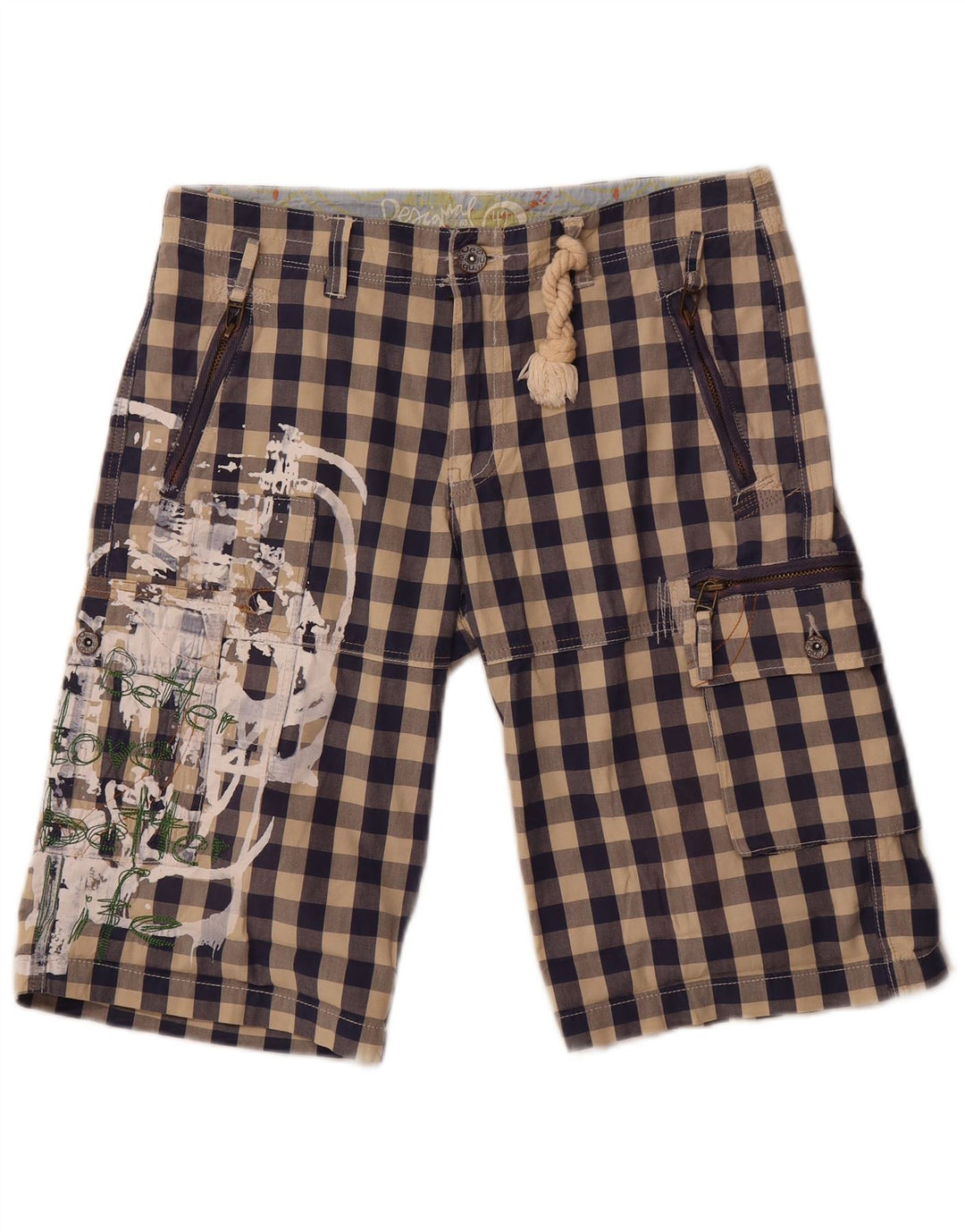 Desigual Dame grafiske Cargo Shorts EU 42 Large W34 Navy Blue Gingham