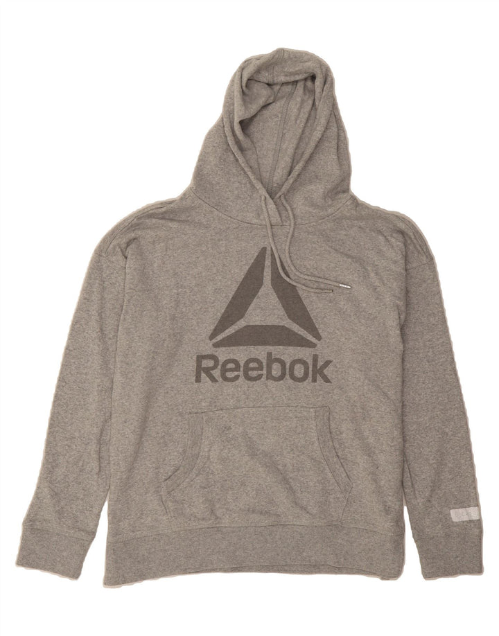 REEBOK Womens Graphic Hoodie Jumper UK 14 Large Grey Vintage Reebok and Second-Hand Reebok from Messina Hembry 