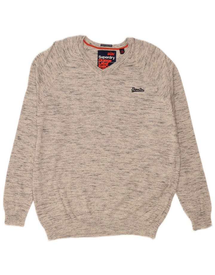 SUPERDRY Dame V-hals sweater UK 18 XL Grå Flecked Bomuld