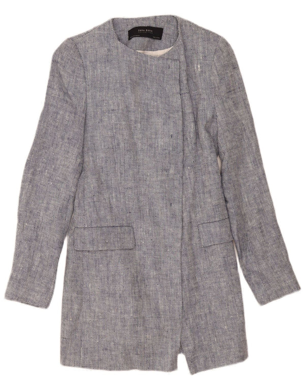 Zara Womens Longline Open Blazer Jacket UK 12 Medium Blue Linen