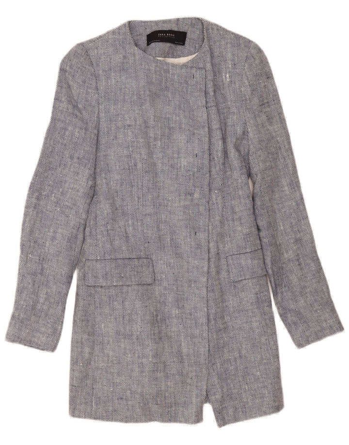 Zara Womens Longline Open Blazer Jacket UK 12 Medium Blue Linen
