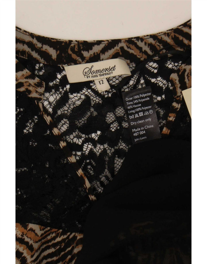 Vintage Dame Langærmet Bluse Top UK 12 Medium Brun Chevron Polyester