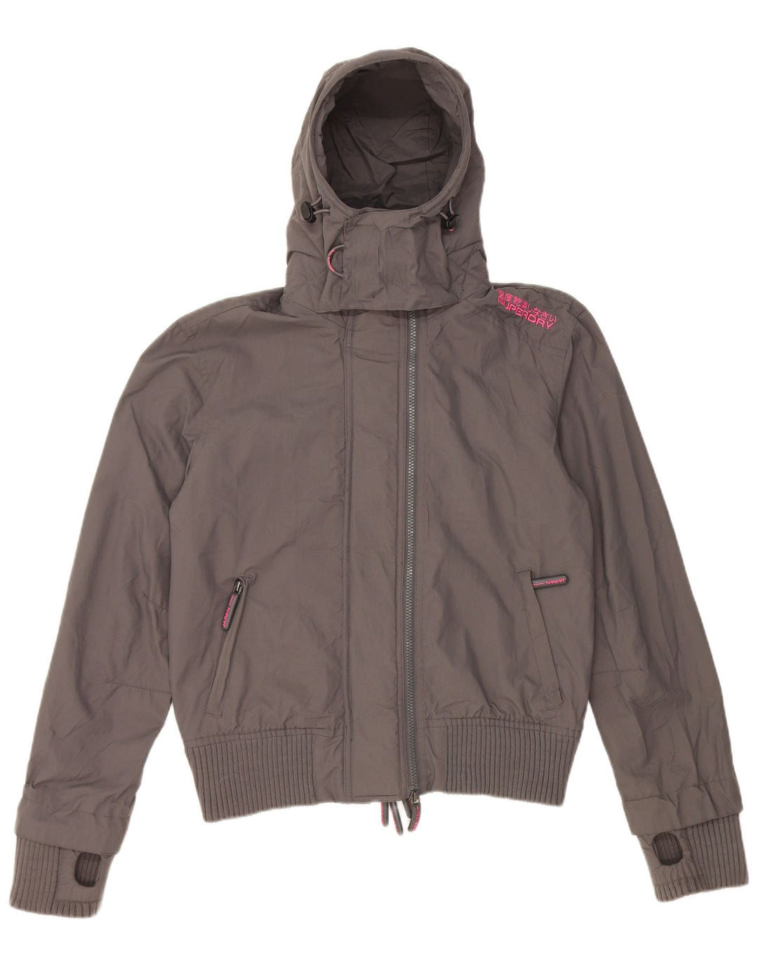 Superdry Regnjakke med hætte til kvinder UK 16 Stor grå nylon