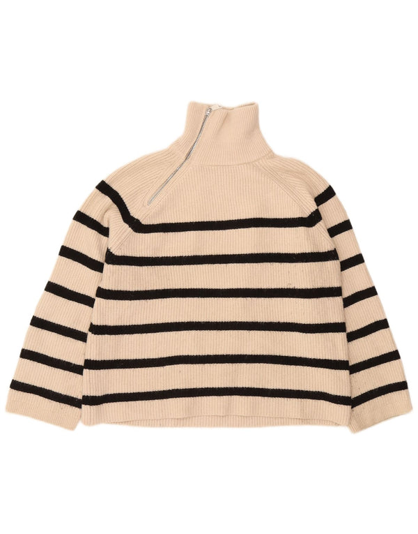 Zara Dame Zip Neck Jumper Sweater UK 14 Medium Beige Stribet Akryl