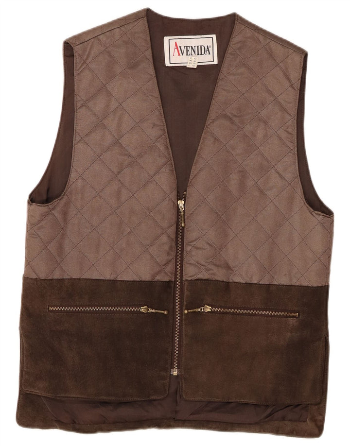VINTAGE Dame ruskind quiltet Gilet UK 14 Large Brown Colourblock Læder
