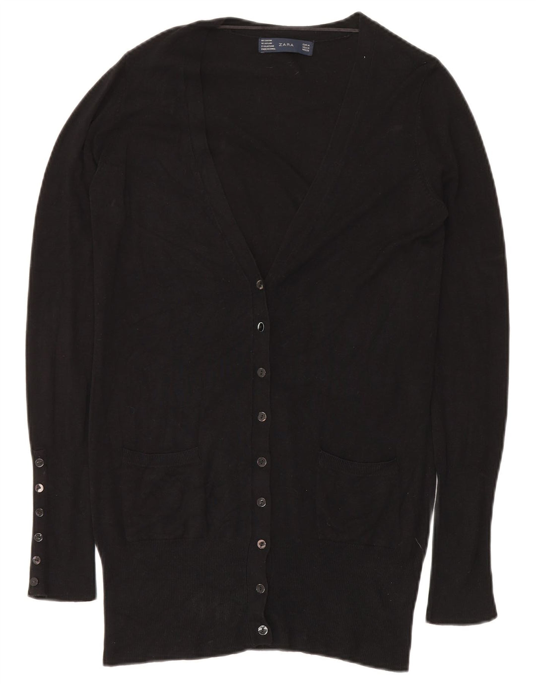ZARA Dame Longline Cardigan Sweater UK 14 Medium Black Rayon