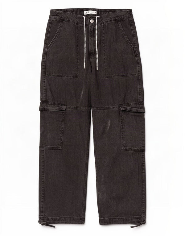 Zara Dame Cargo Jeans med brede ben Small W26 L28 Sort
