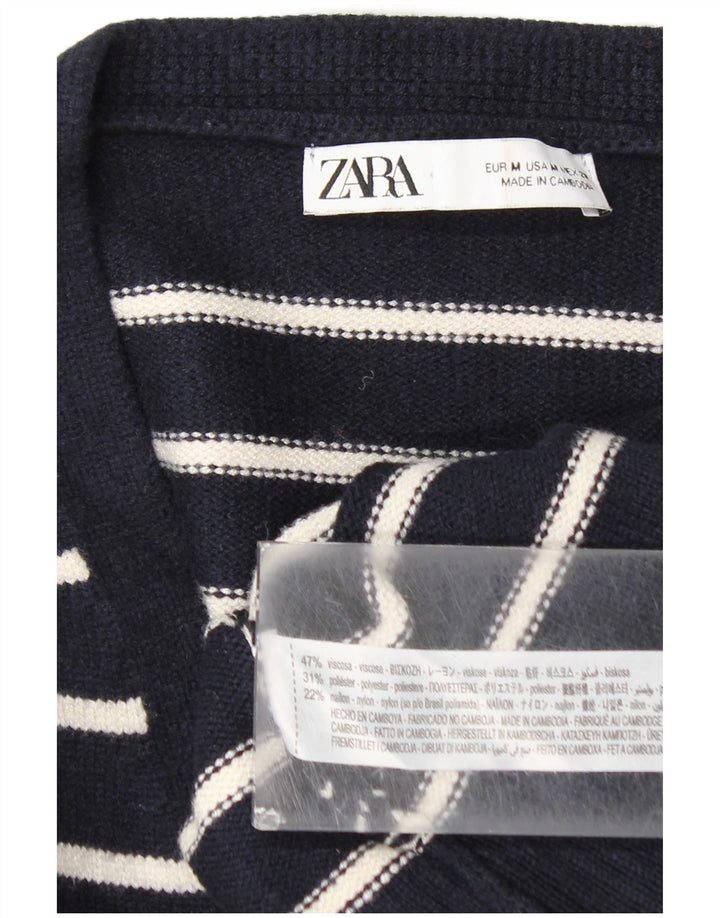 Zara Dame Cardigan Sweater UK 12 Medium Navy Blue Stribet Viscose