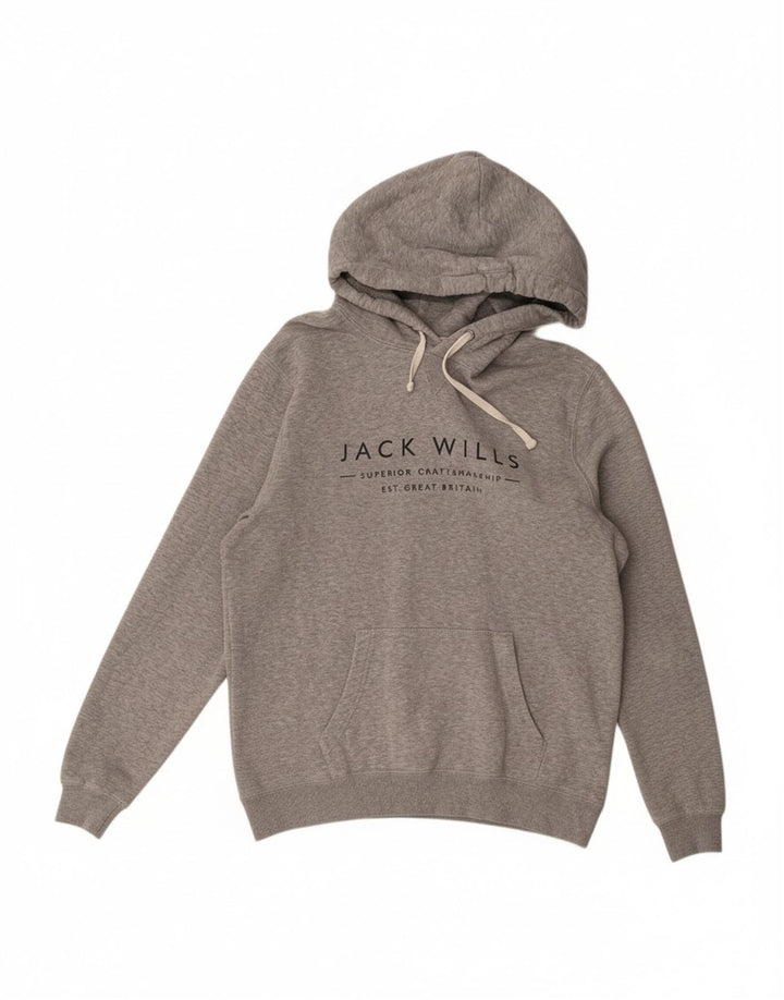 JACK WILLS Mens Graphic Hoodie Jumper Medium Grey Cotton