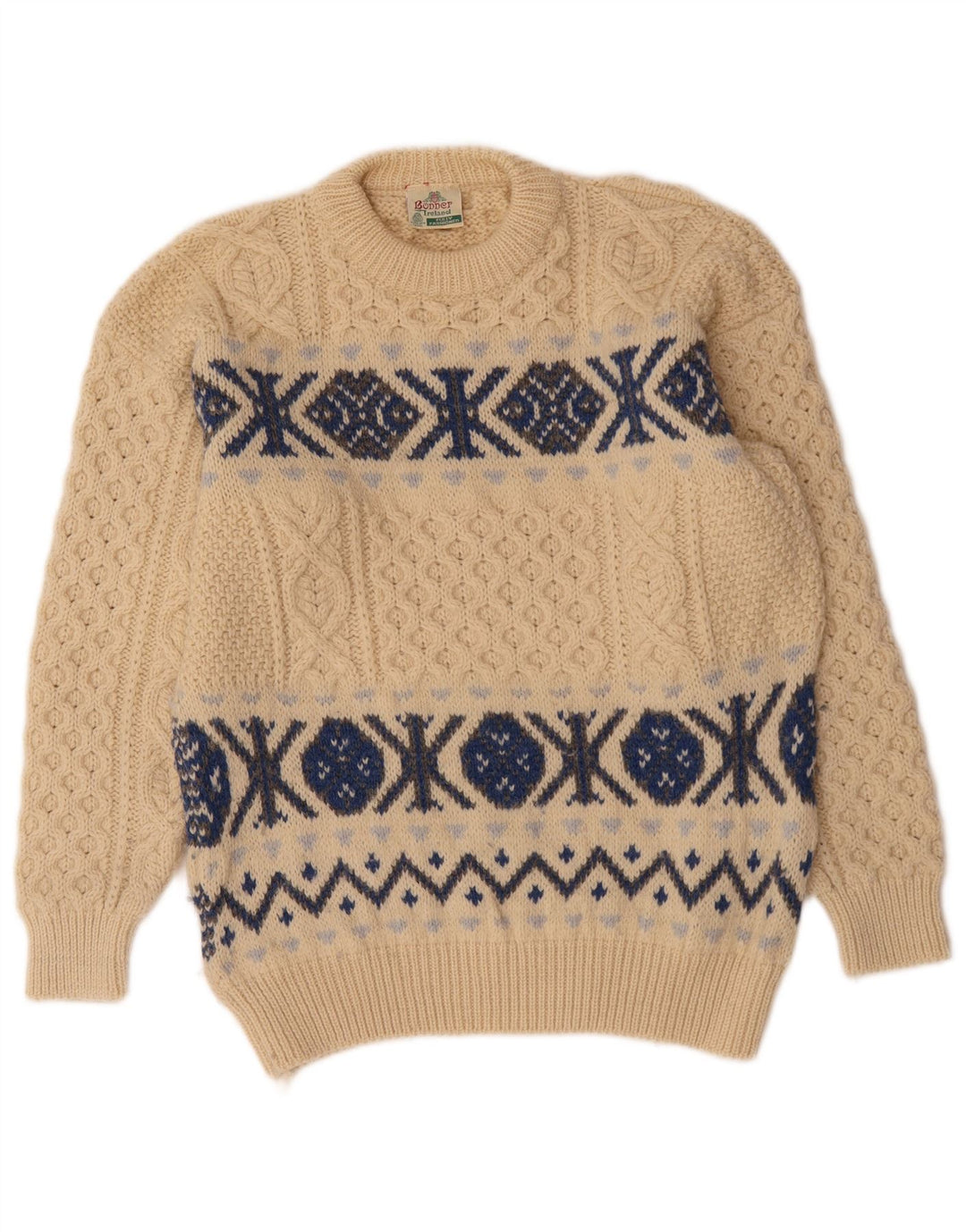 Bonner Herre Crew Neck Jumper Sweater Large Beige Fair Isle Wool