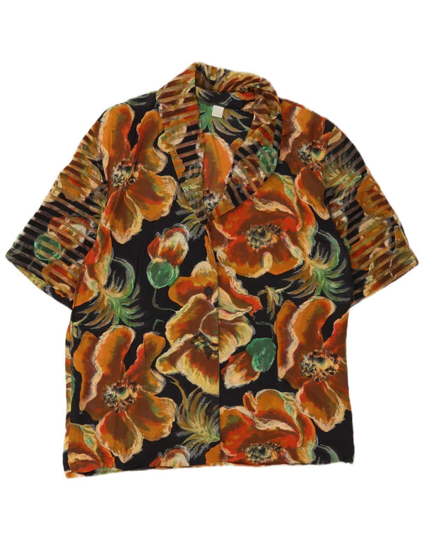Vintage kvinders kortærmet skjortebluse UK 14 Medium Black Floral Viscose