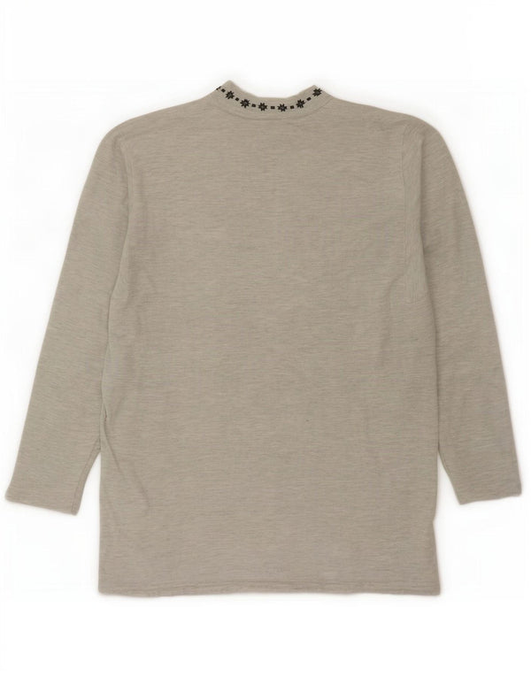 Vintage kvinders grafisk lynlås-hals sweatshirt trøje UK 14 store grå flækkede
