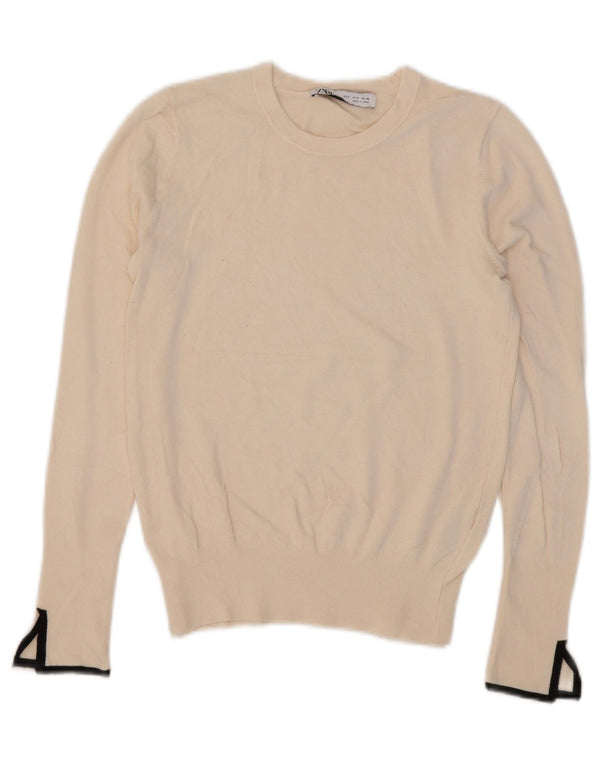 Zara Womens Crop Crew Neck Jumper Sweater UK 10 Small Beige Viscose