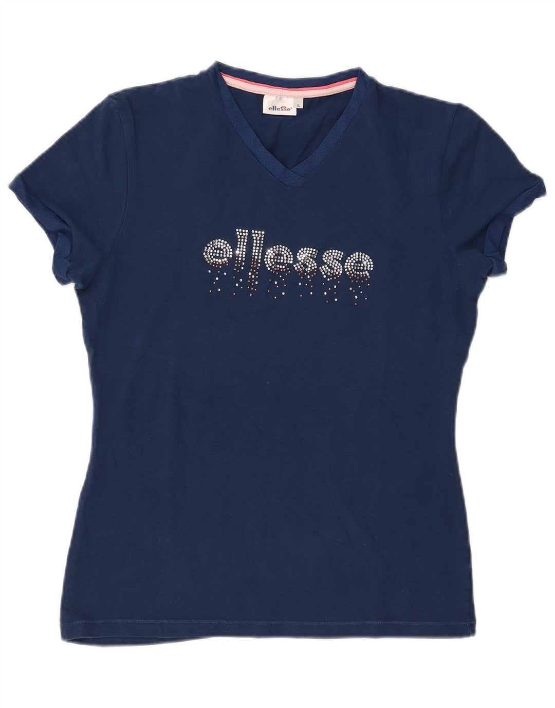 ELLESSE Grafisk T-shirt top til kvinder UK 14 Stor marineblå bomuld