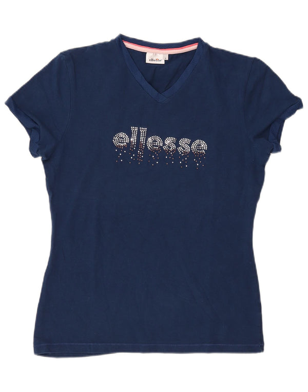 ELLESSE Grafisk T-shirt top til kvinder UK 14 Stor marineblå bomuld