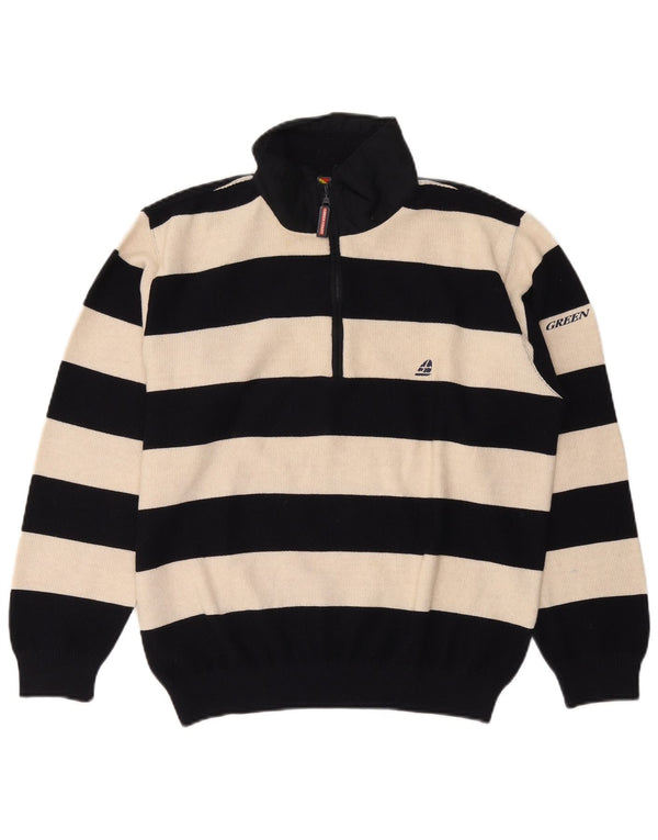 Green Coast Mens Zip Neck Jumper Sweater IT 48 Medium Black Striped Wool