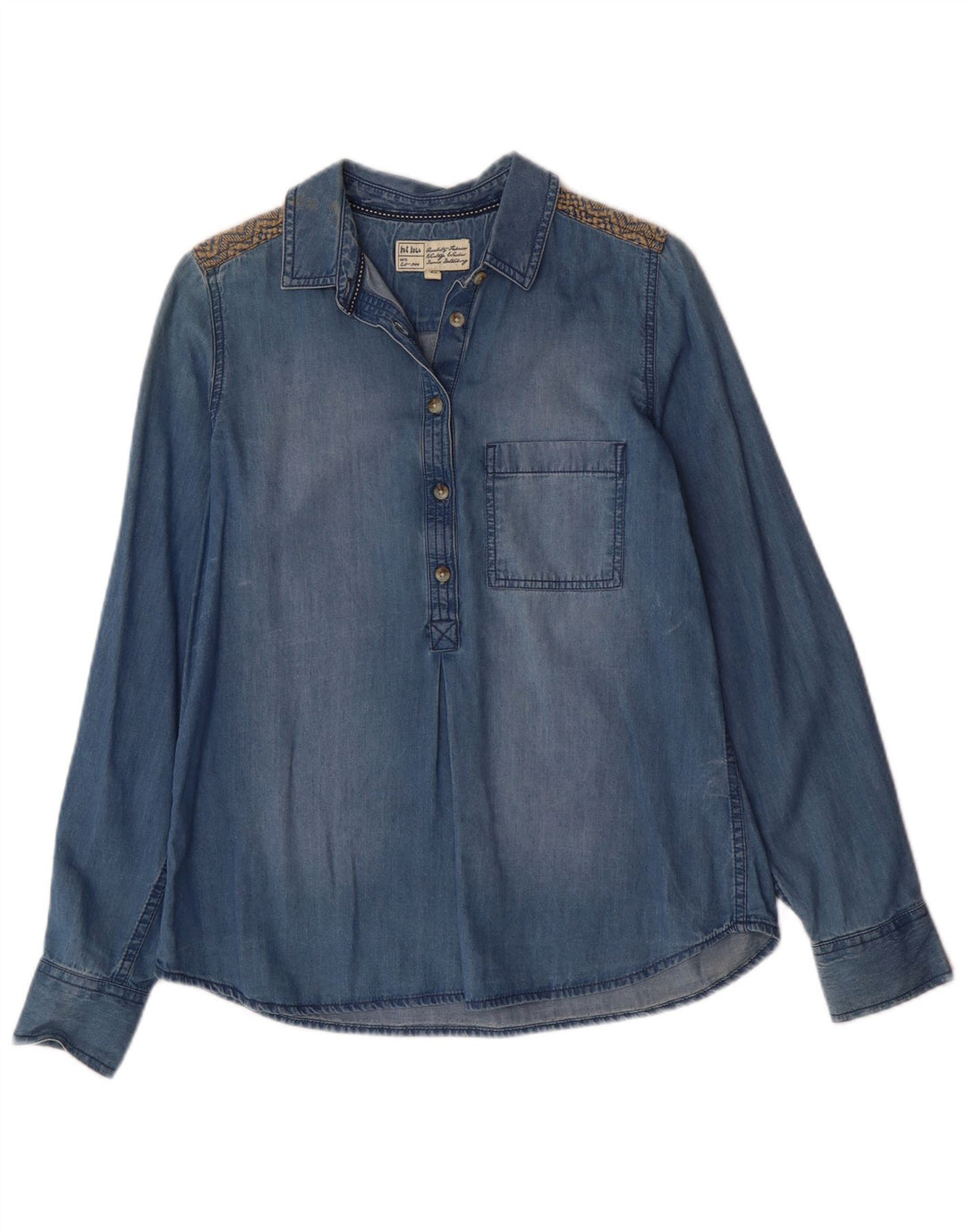 Fat Face Dame Denim Pullover Shirt UK 12 Medium Blue Cotton Bohemian