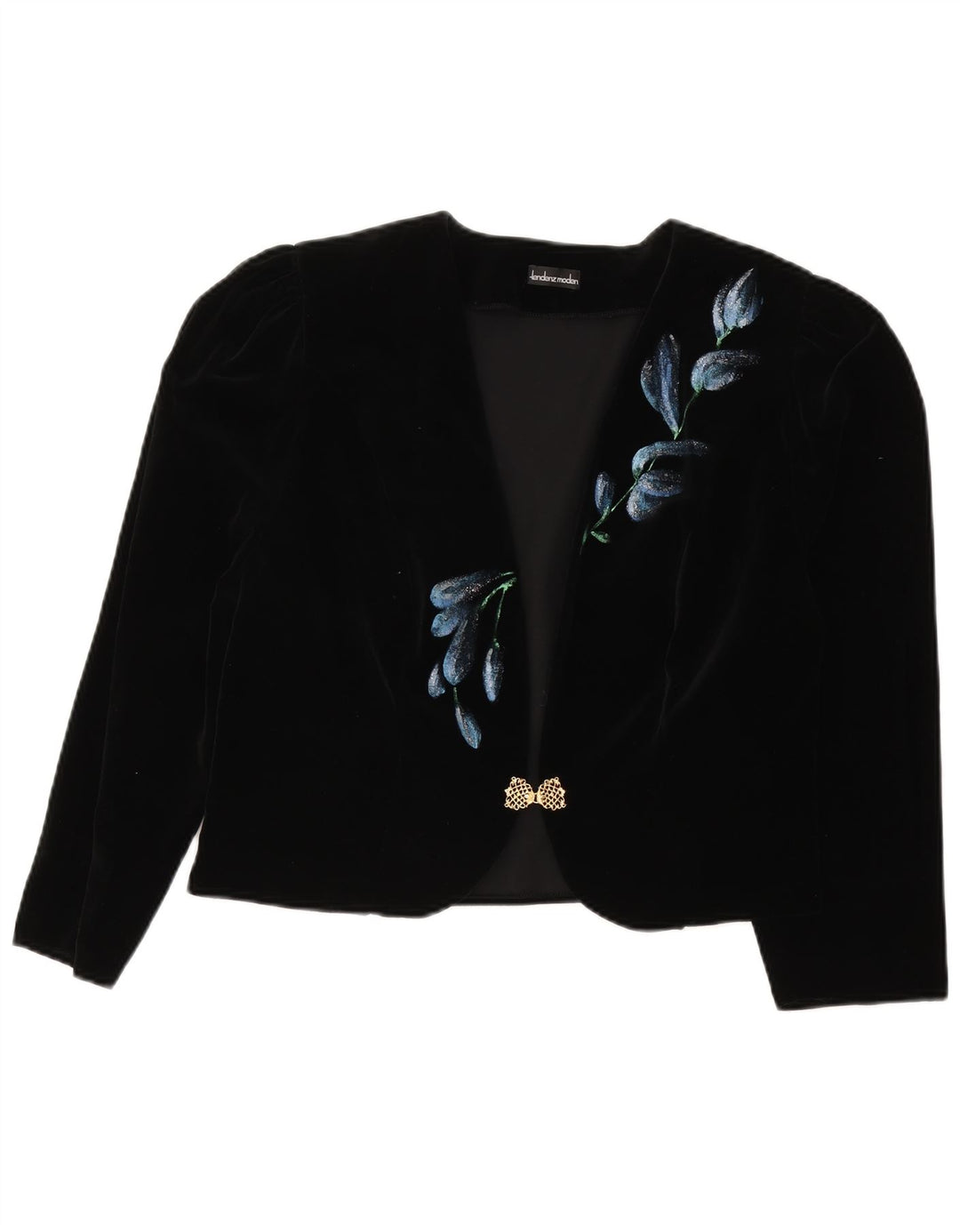 Vintage Dame Crop Velvet Blazer Jacket UK 16 Large Black Floral Wool