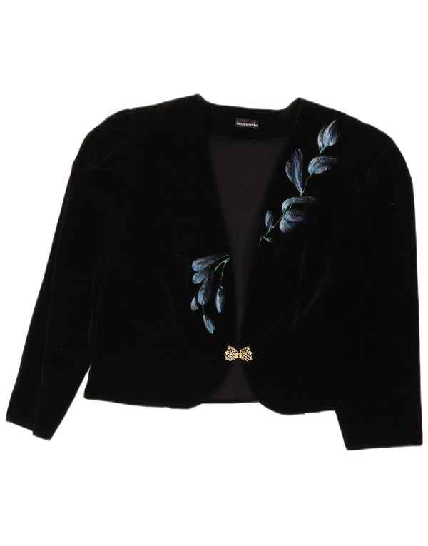 Vintage Dame Crop Velvet Blazer Jacket UK 16 Large Black Floral Wool