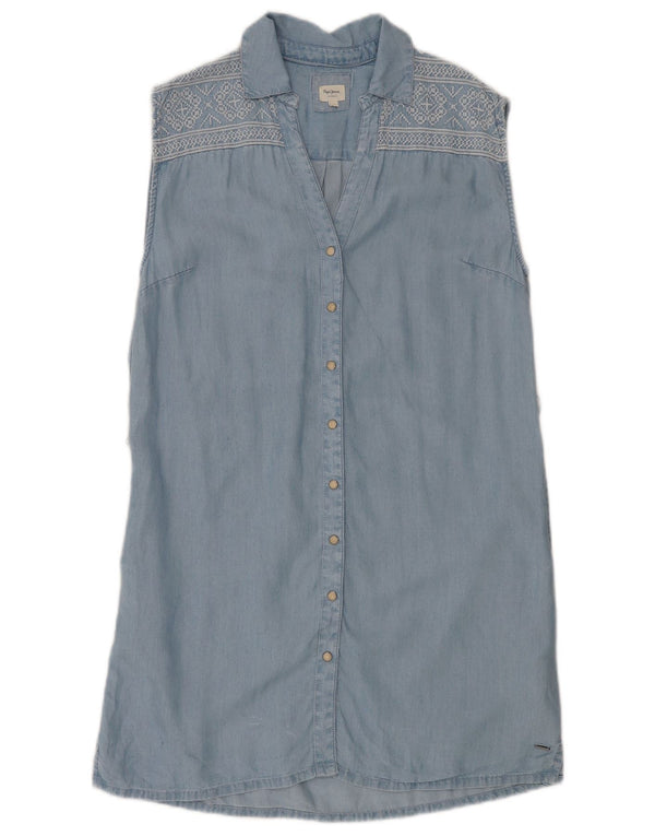 PEPE Jeans Dame ærmeløs teltkjole UK 10 Small Blue Fair Isle Lyocell