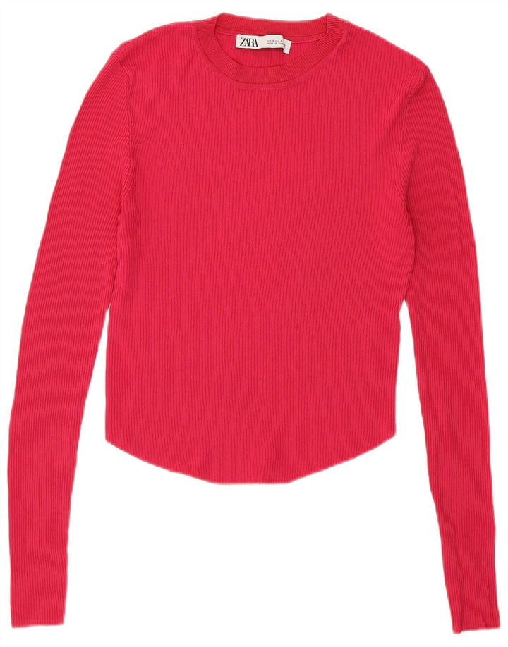Zara Womens Crop Top Langærmet UK 8 Small Pink Viscose