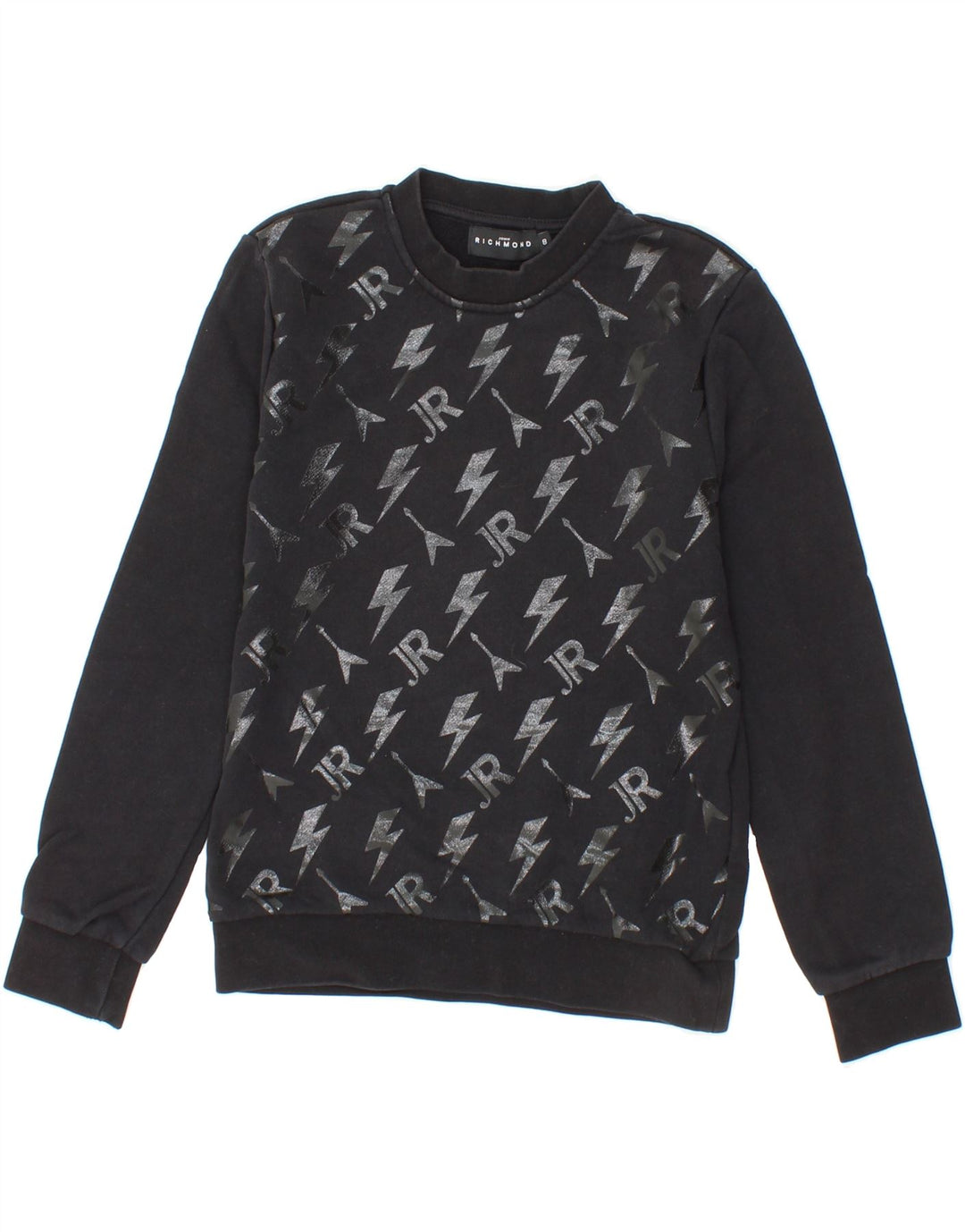 RICHMOND Boys Graphic Sweatshirt Jumper 7-8 Years Black Geometric Cotton Vintage Richmond and Second-Hand Richmond from Messina Hembry 