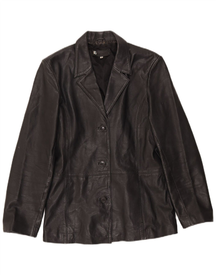 Vintage dame 3-knaps læder blazerjakke UK 14 Stor sort læder