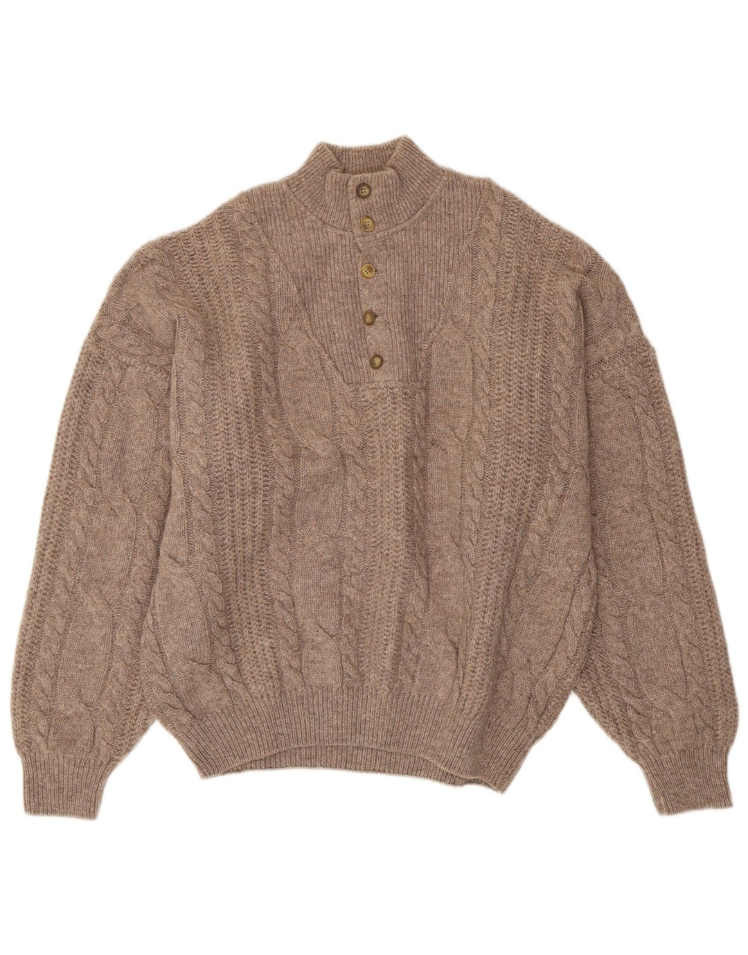 Vintage Herre Button Neck Jumper Sweater XL Brun Uld