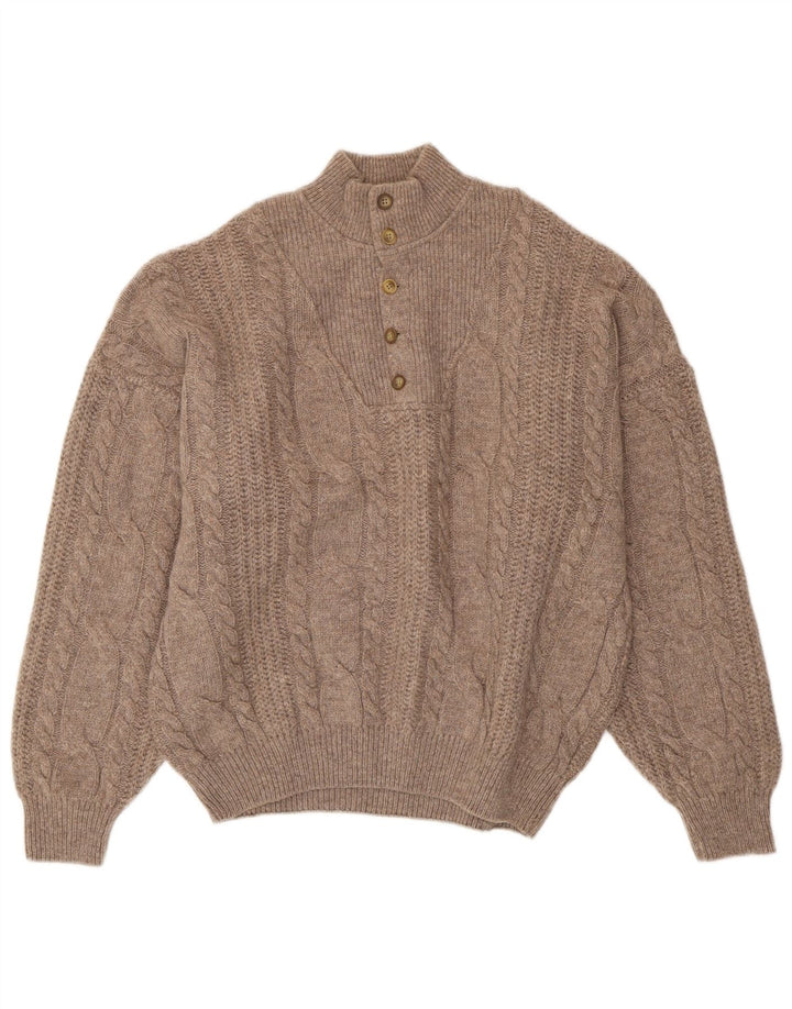 Vintage Herre Button Neck Jumper Sweater XL Brun Uld
