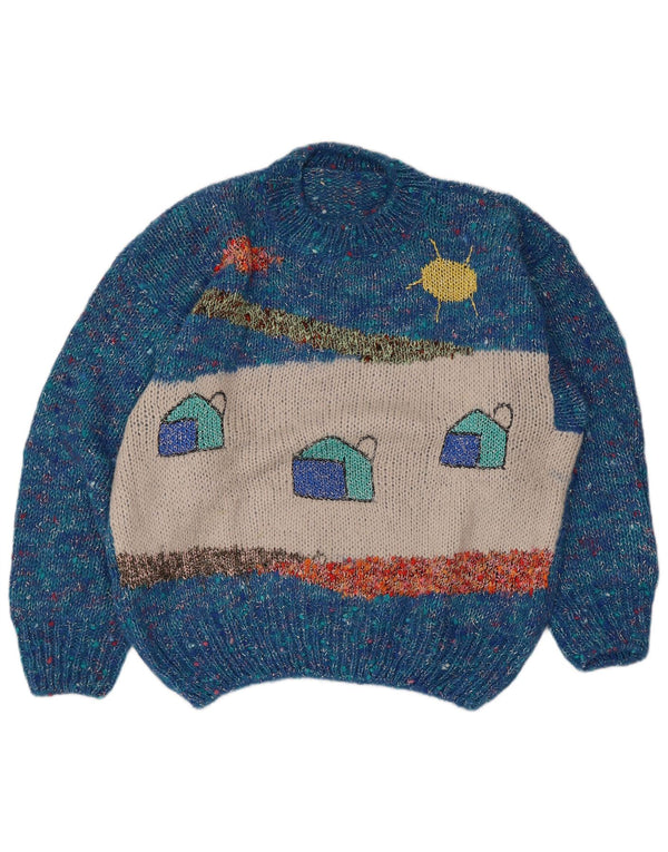 Vintage kvinders grafisk rund hals sweater UK 16 store blå flækkede