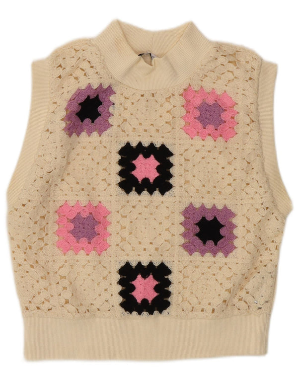 Zara Dame Vest Tank Top UK 12 Medium Off White Geometrisk akryl