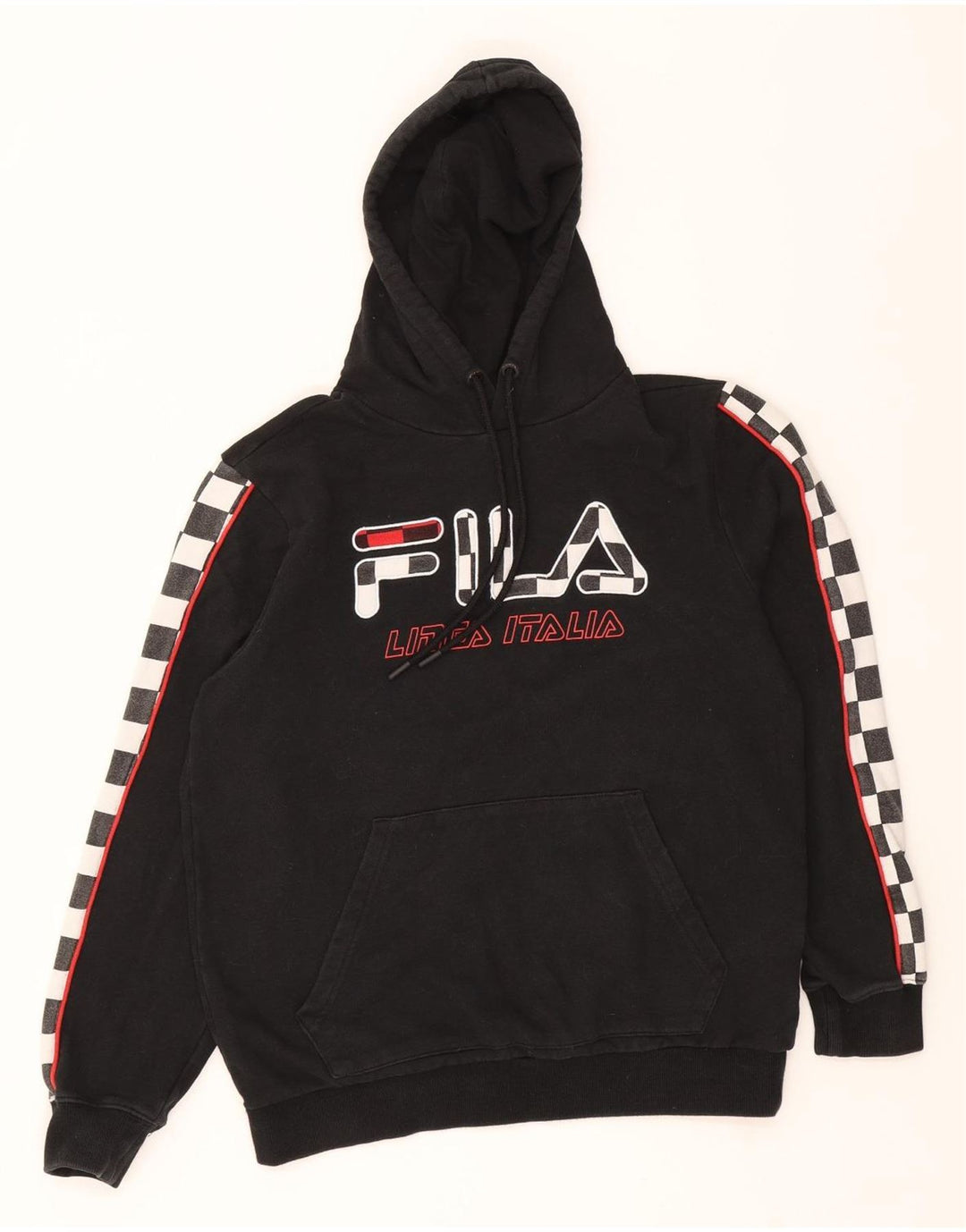 FILA Mens Graphic Hoodie Jumper Small Black Cotton Vintage Fila and Second-Hand Fila from Messina Hembry 