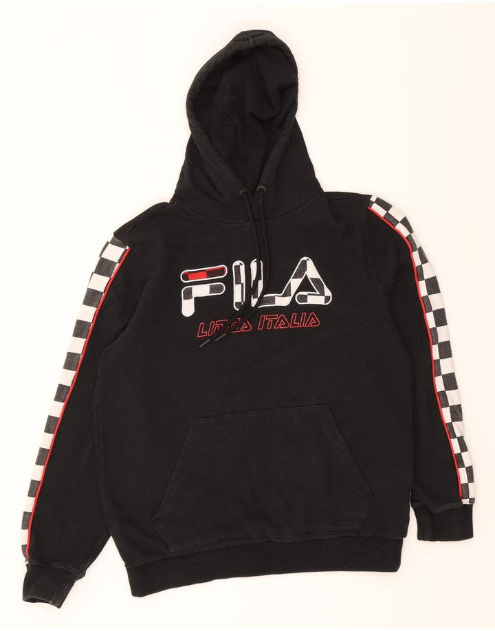 FILA Mens Graphic Hoodie Jumper Small Black Cotton Vintage Fila and Second-Hand Fila from Messina Hembry 