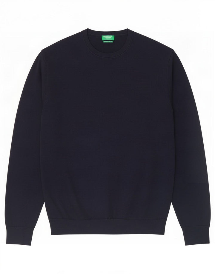 Benetton Herre Crew Neck Jumper Sweater Medium Navy Blue Virgin Wool