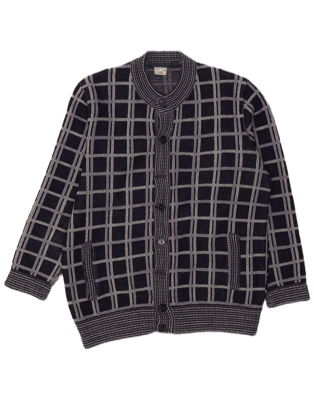 Vintage herre cardigan sweater medium marineblå plaid uld