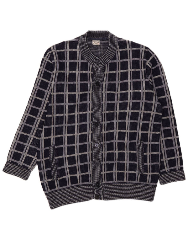 Vintage herre cardigan sweater medium marineblå plaid uld