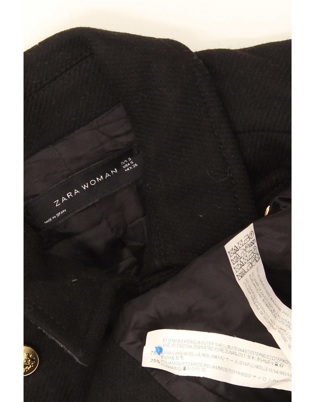 Zara Womens Pea Coat UK 10 Small Black Wool