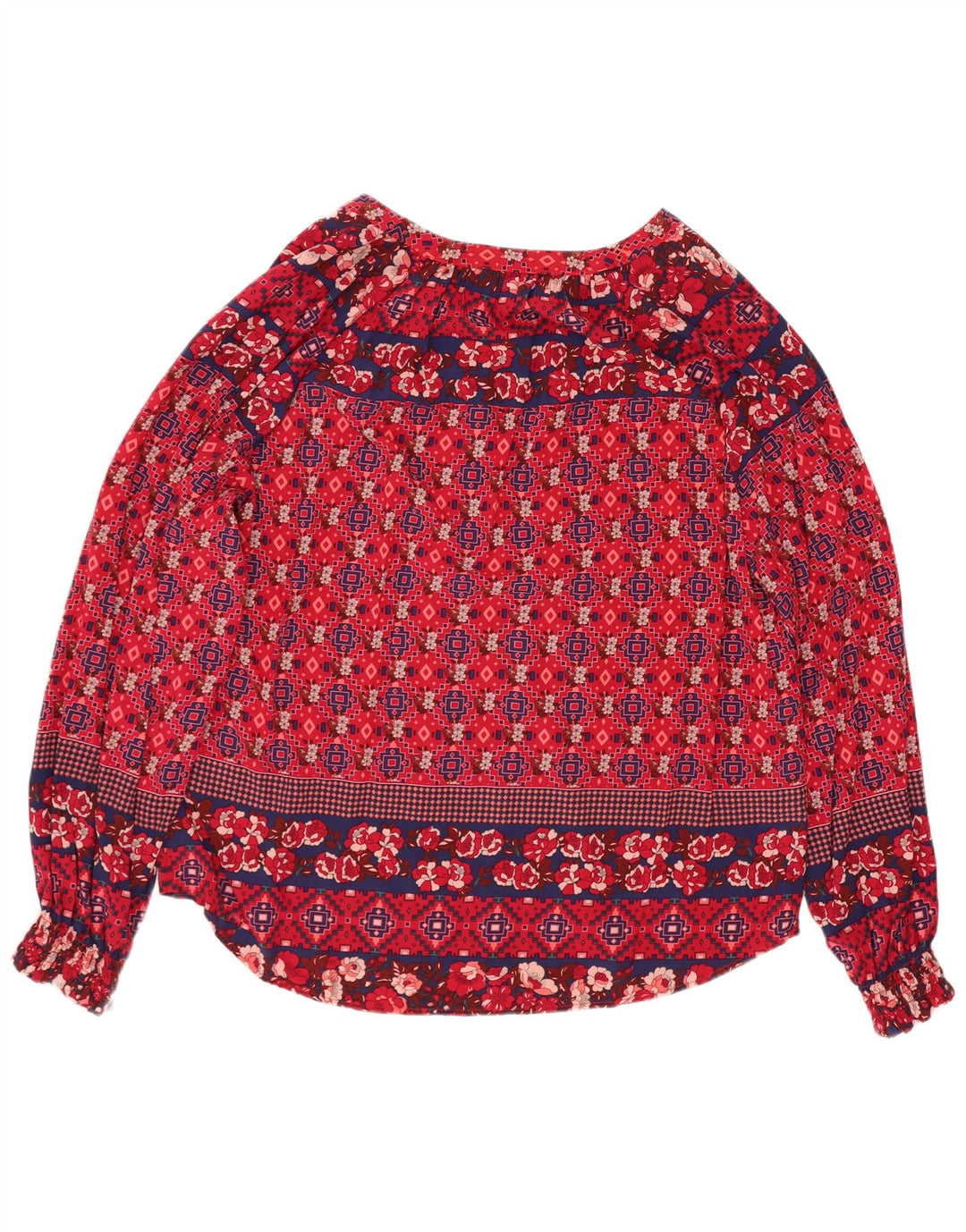 Monsoon Dame Langærmet Bluse Top UK 14 Stor rød geometrisk viskose