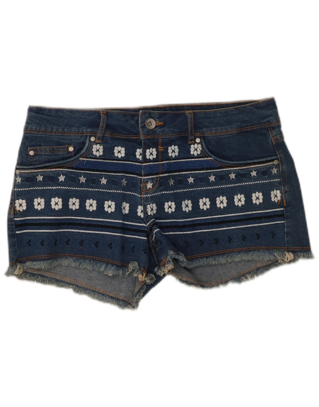 OVS Womens Regular Fit Denim Shorts IT 44 Medium W30  Blue Floral Cotton