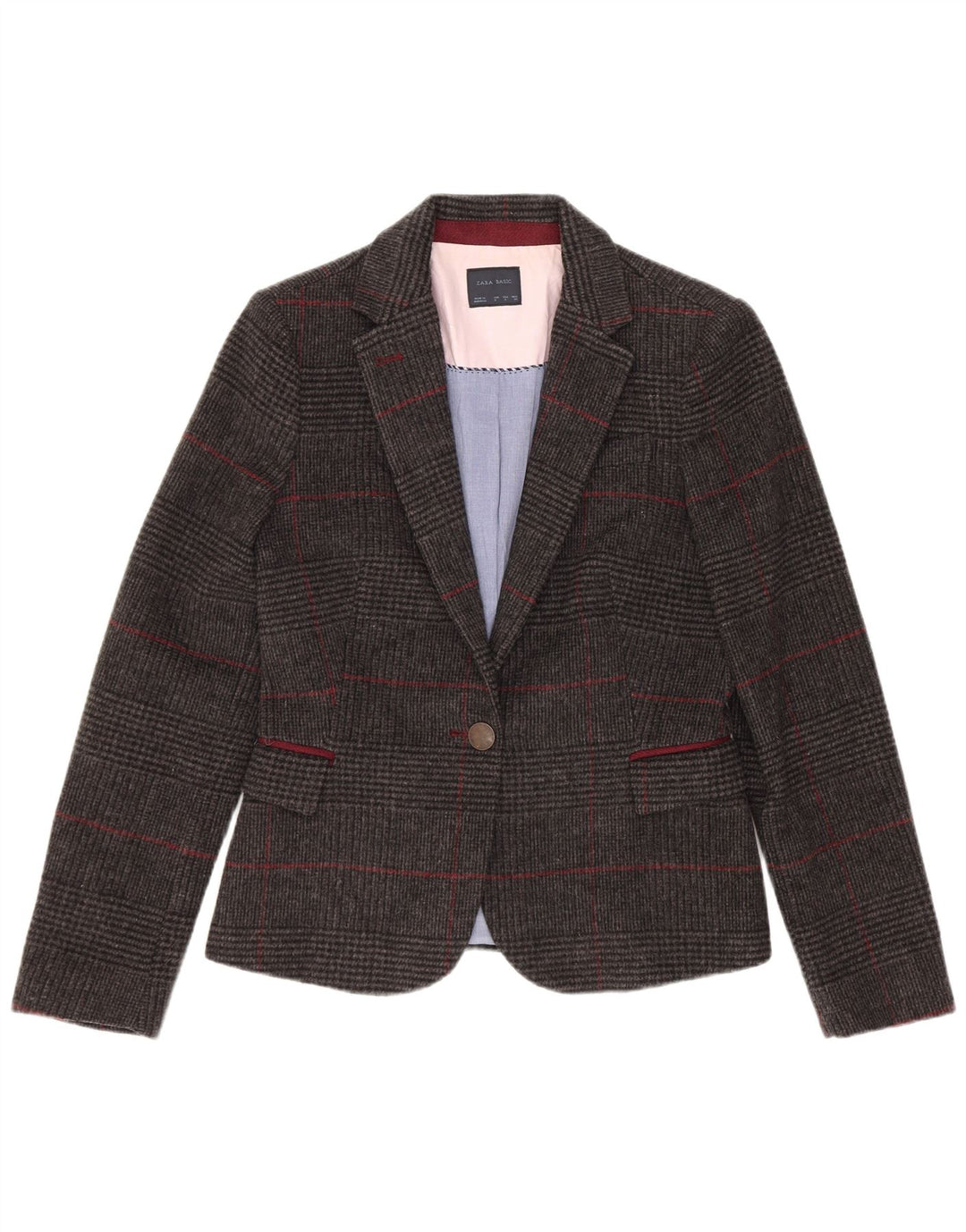 Zara Dame 1-knap Blazer Jacket UK 10 Small Grey Houndstooth Uld