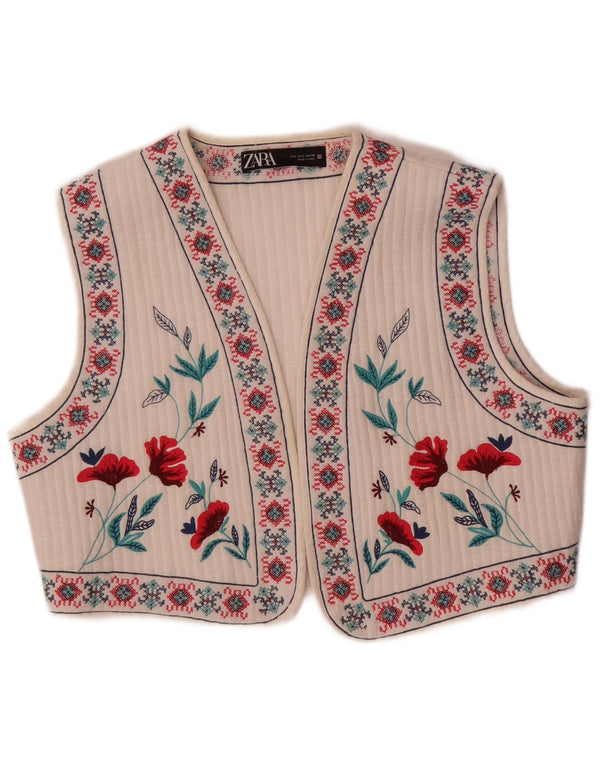Zara Womens Crop vest UK 16 Large White Floral Ethnic