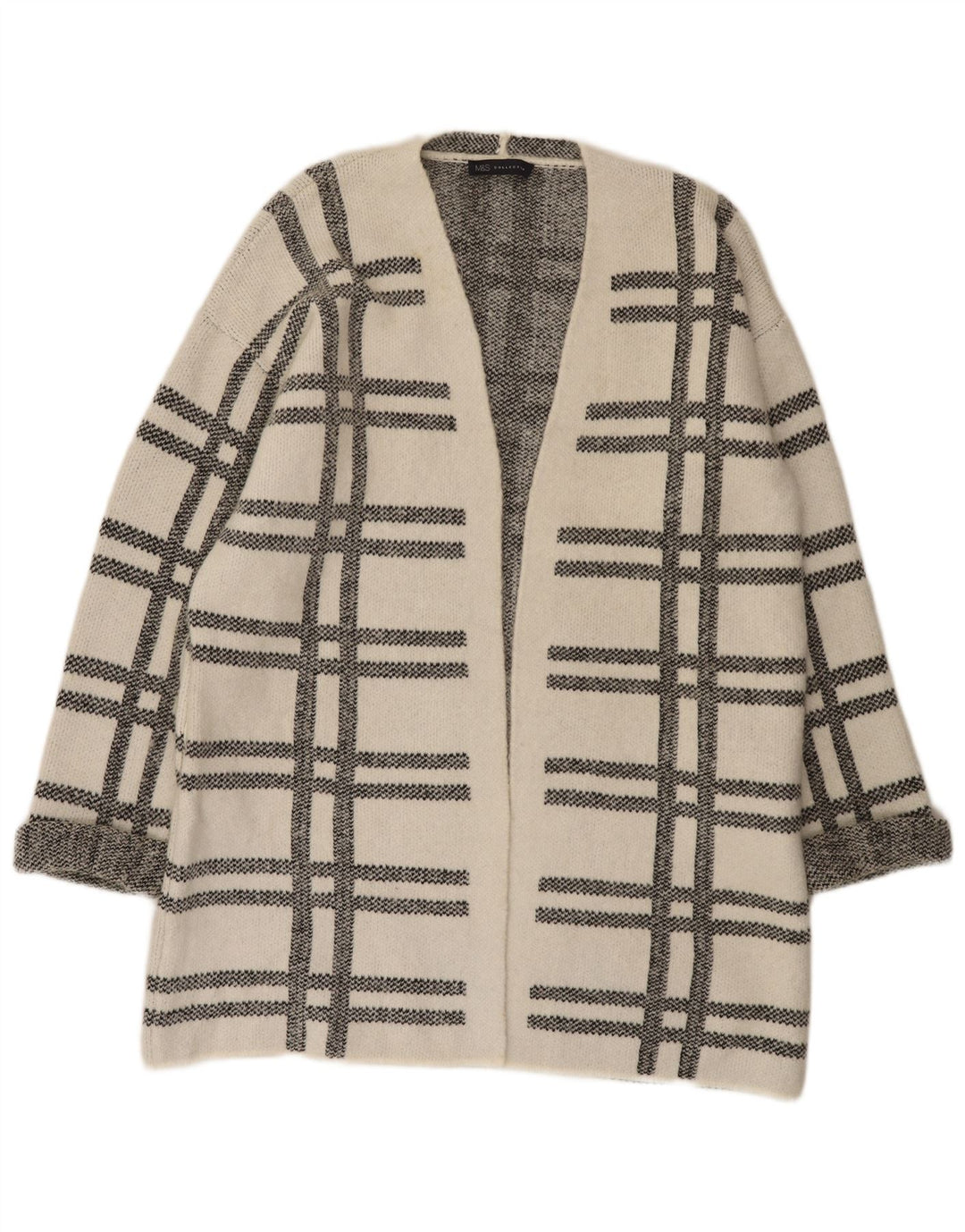 Marks & Spencer Dame Longline Cardigan Sweater UK 16 Large White Check