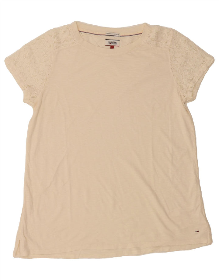 TOMMY HILFIGER Womens T-Shirt Top UK 16 Large Off White Vintage Tommy Hilfiger and Second-Hand Tommy Hilfiger from Messina Hembry 
