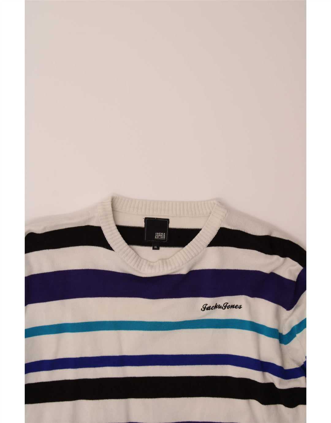 JACK & JONES Mens Crew Neck Jumper Sweater XL Multicoloured Striped Cotton Vintage Jack & Jones and Second-Hand Jack & Jones from Messina Hembry 