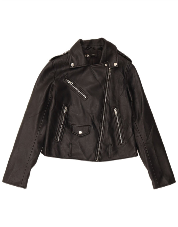 ZARA Womens Faux Leather Biker Jacket UK 12 Medium Black Polyurethane