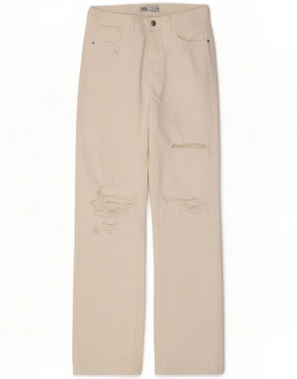 Zara Dame High Waist Distressed Loose Jeans EU 38 Small W28 L33 White