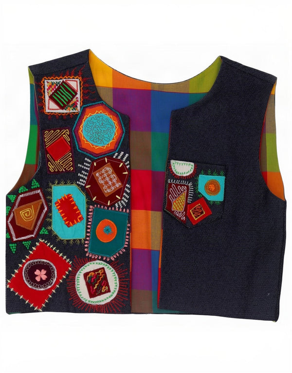 Vintage Dame Denim ÅBEN vest UK 10 Small Multicolored Patchwork