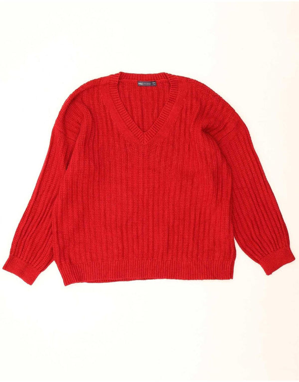 Marks & Spencer Dame V-hals Jumper Sweater UK 16 Stor Rød Akryl