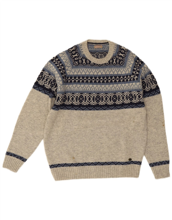 Bramante Herre Crew Neck Jumper Sweater IT 50 Medium Grey Fair Isle New Wool