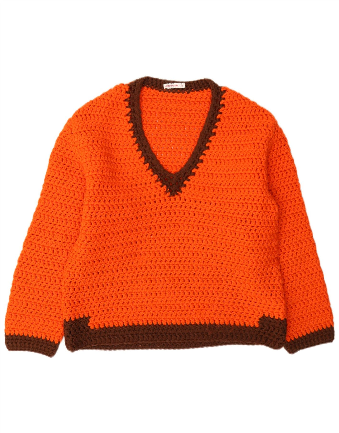 Vintage Dame V-hals sweater UK 12 Medium Orange Colourblock
